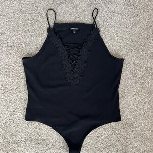 Express Black Bodysuit with Lace-Up V-Neck and Spaghetti Straps, Snap Crotch XL